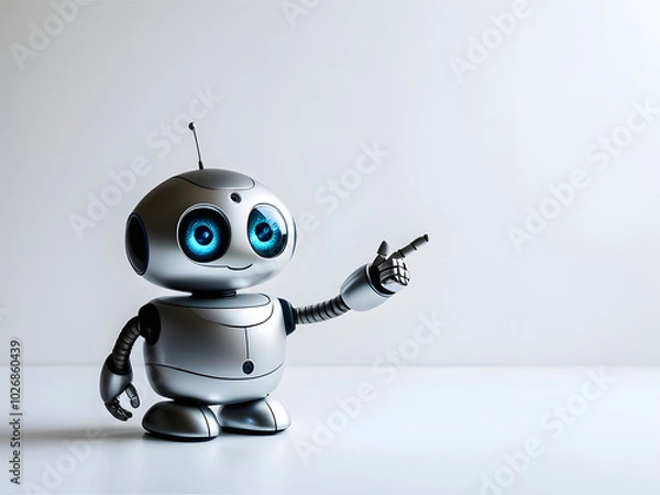 Obraz a little robot with blue eyes pointing finger isolated on white background