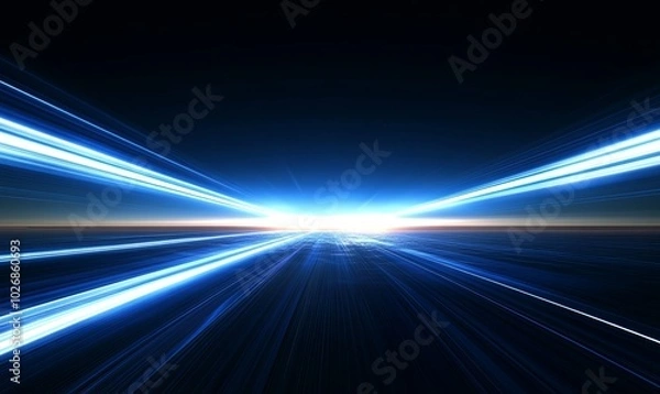 Fototapeta Abstract blue and white light streaks on a dark background, creating a sense of speed and movement.