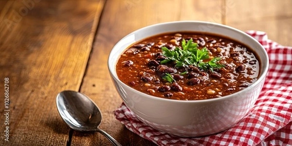 Fototapeta A bowl of chili with beans, meat, and vegetables, garnished with parsley, on a red and white checkered napkin, and a silver spoon.