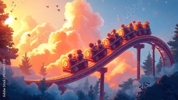 Obraz Cryptocurrency Rollercoaster Cartoon characters riding a rollercoaster with Bitcoin, Ethereum, and other crypto coins as the carts, representing the ups and downs of the market. Co