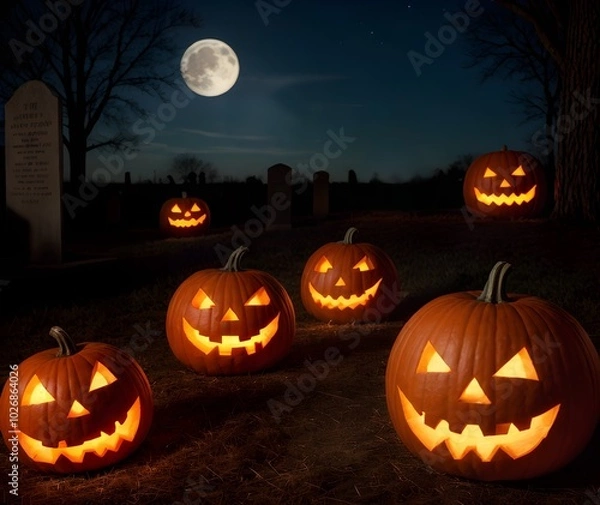 Fototapeta ハロウィンお祝い：ジャック・オー・ランタン（Jack-o'-Lantern）月夜の墓地に佇む