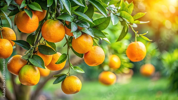Obraz Fresh oranges on a tree in a garden background
