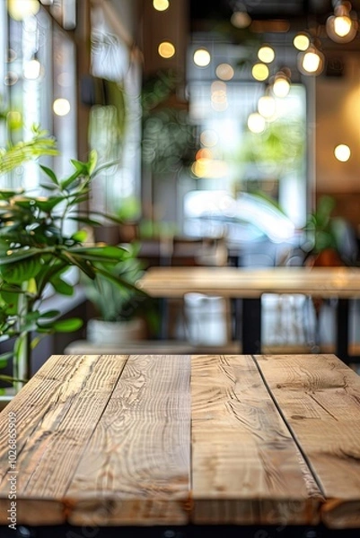 Fototapeta Empty wooden table in a cafe with blurred background.