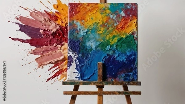 Fototapeta Palette of colors brush and a painting stand with painting of abstract art on it isolated on white background

