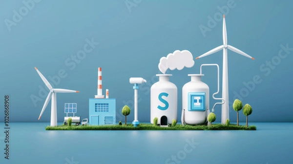 Fototapeta Sustainable energy production is depicted in this vibrant illustration featuring wind turbines, solar panels, and hydrogen storage. scene emphasizes eco friendly technology and innovation