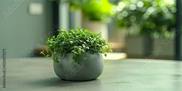Fototapeta A small green plant in a gray pot sits on a table with a blurred background of other plants.