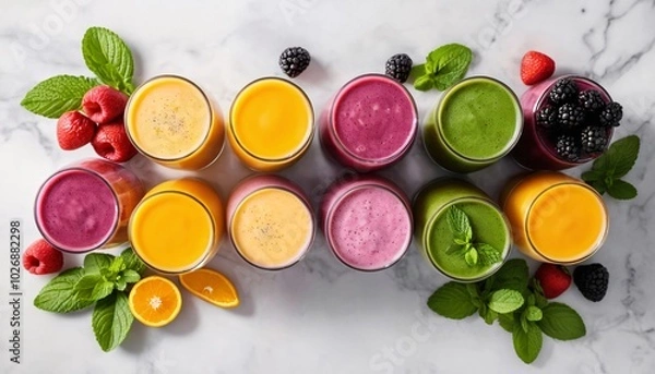 Fototapeta Assortment of colorful fruit smoothies, fresh berries, and mint leaves.