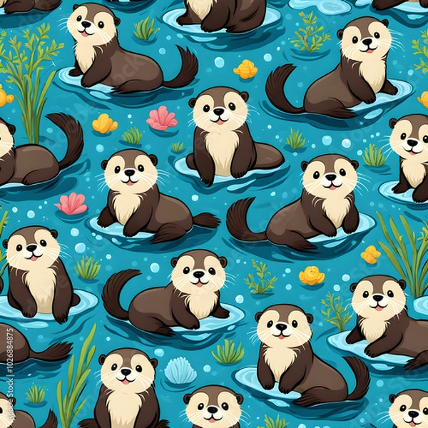 Fototapeta seamless pattern with sea otters