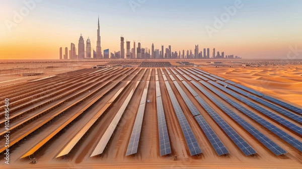 Fototapeta expansive view of solar farm with rows of solar panels in desert, showcasing contrast between technology and nature, with city skyline in background