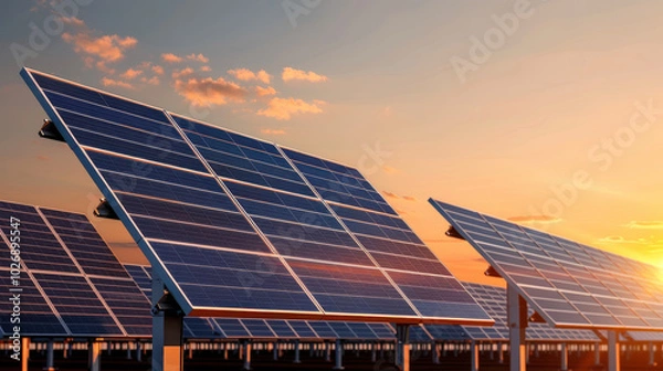 Fototapeta Expansive view of solar farm with rows of solar panels reflecting warm sunset. scene captures harmony between technology and nature, showcasing renewable energy