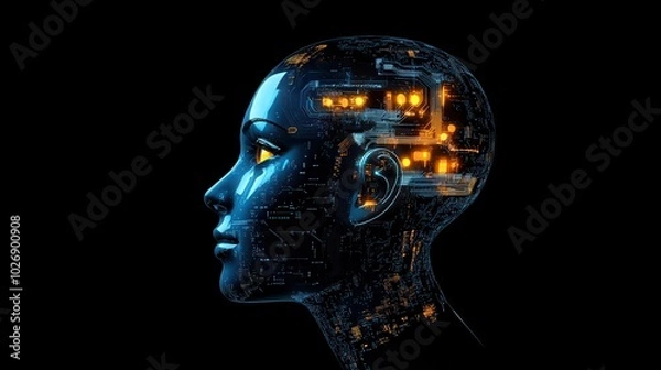 Fototapeta Side view of a humanoid head with striking blue and yellow eyes showcasing a futuristic design with intricate circuits.