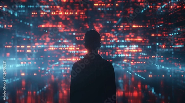 Obraz A complex web of code, firewalls, and warning symbols with a hacker silhouette and data breach alerts, highlighting cybersecurity threats and vulnerabilities in protecting digital systems.