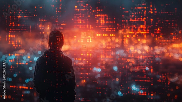 Obraz A complex web of code, firewalls, and warning symbols with a hacker silhouette and data breach alerts, highlighting cybersecurity threats and vulnerabilities in protecting digital systems.