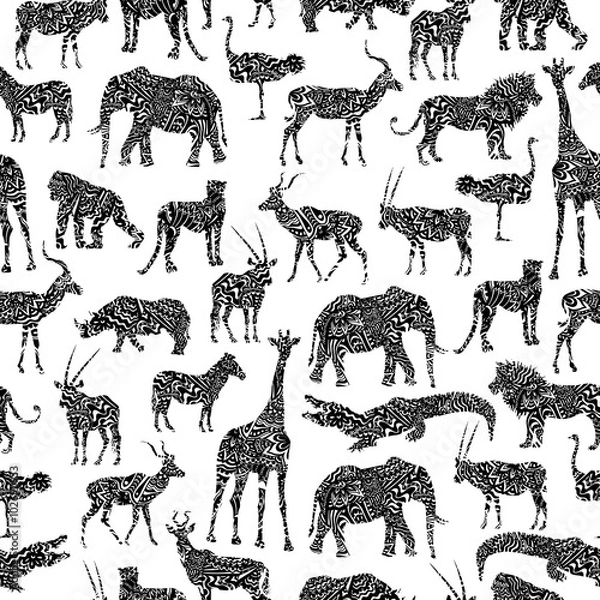Obraz Seamless Pattern With Black Ornamental African Animals