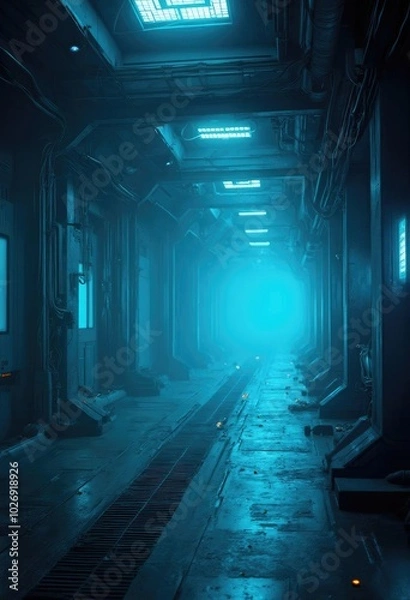 Fototapeta A futuristic hall with a water-covered floor of blue light particles a dark theme cinematic sci-fi ambiance.