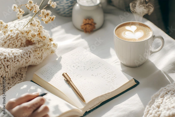 Fototapeta Flat-lay shot of a clean desk with open journal pen and cup of coffee with light steam in soft morning sunlight
