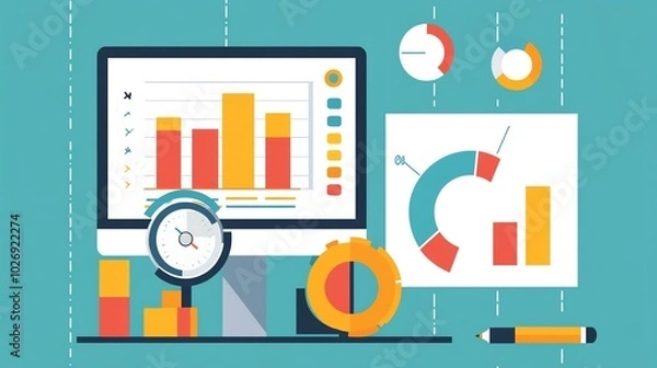 Obraz Financial alert, SEO chart, social security benefits, marketing strategies, flat design illustration