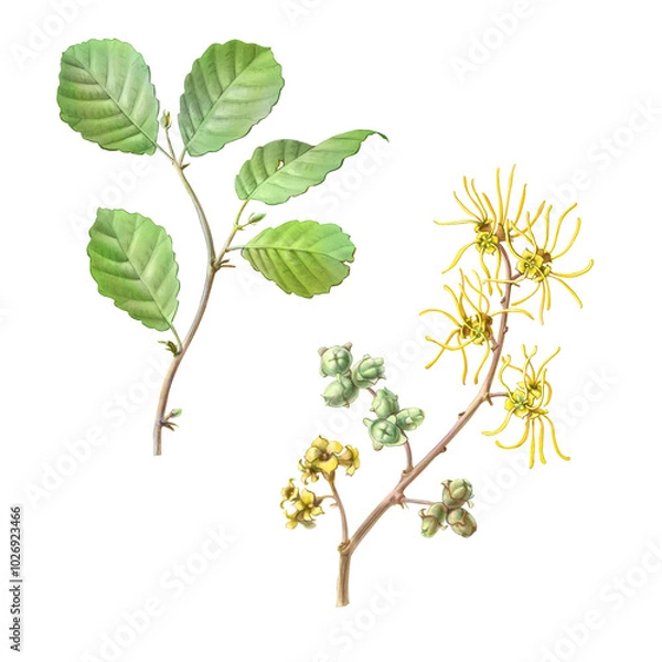 Obraz Witch Hazel hand drawn botanical pencil illustration that includes leaves, flowers and fruit Isolated on white with clipping path