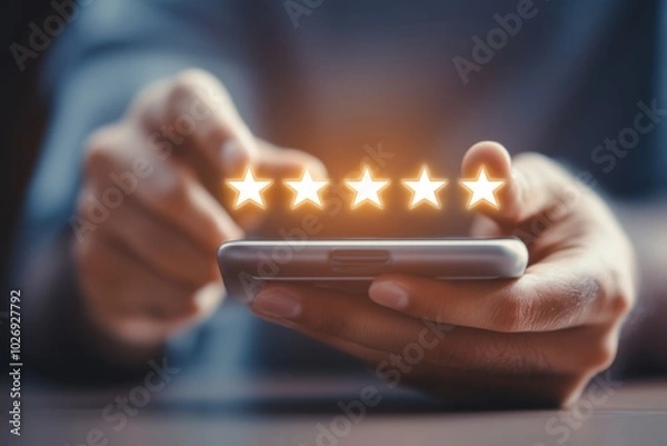 Fototapeta A customer filling out a satisfaction survey on a mobile app, rating services with five stars