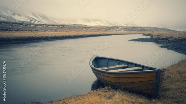 Fototapeta A wooden boat resting near a calm river, surrounded by grassland and snowy mountains on a foggy, overcast day.