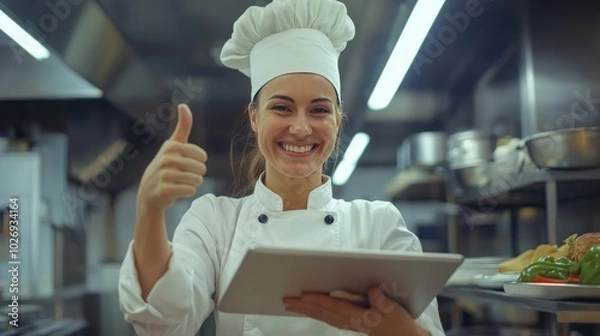 Obraz Chef endorsing via tablet in kitchen.