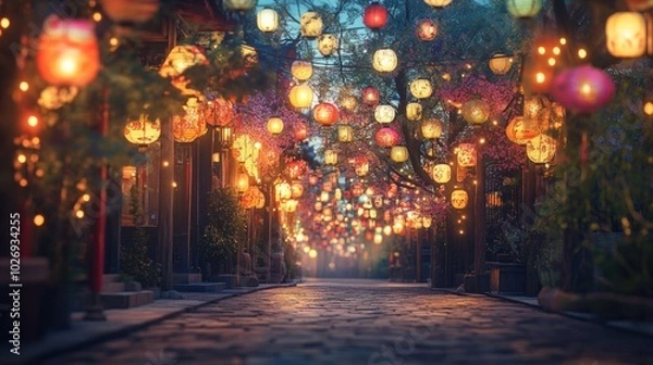 Fototapeta A walkway with many lights hanging from the ceiling. The lights are of different colors and sizes