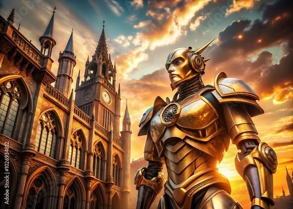 Fototapeta Golden Mech Robot in Front of Medieval Architecture - Futuristic Meets Historical