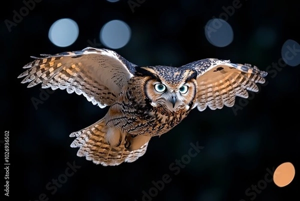 Fototapeta A mythical owl with shimmering feathers, flying through an enchanted forest under a glowing moon, its eyes glowing with an ethereal light as it hunts in silence