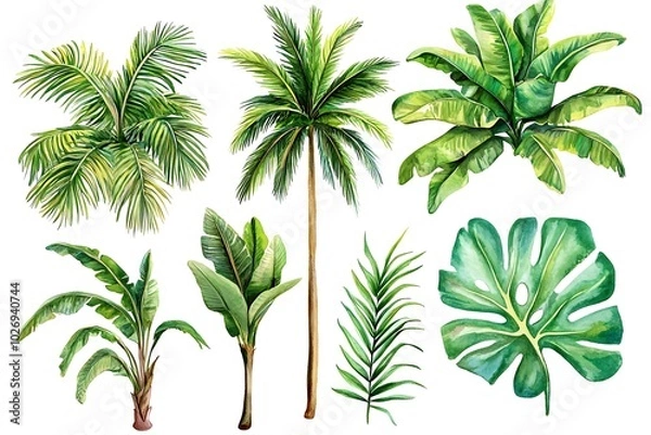 Fototapeta Set Palm tree, tropical plants on isolated white background