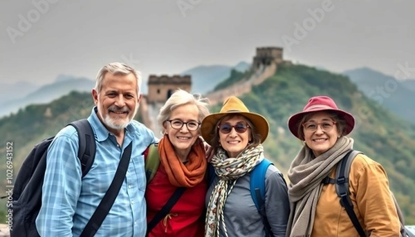 Obraz Portrait of a group of elderly traveling friends in front of the Great Wall of China.