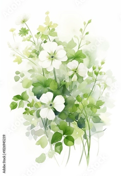 Fototapeta 柔らかな緑と白の繊細な水彩画の花のアレンジメント
