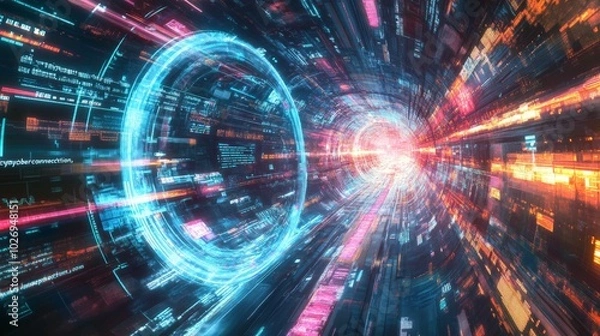 Fototapeta Futuristic Tunnel of Digital Data and Code