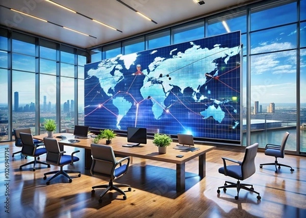 Fototapeta Interactive Office Screen Showcasing Global Cargo Routes for Logistics Efficiency