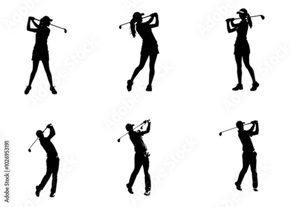 Obraz People playing golf in various poses isolated vector silhouette on white backgroun