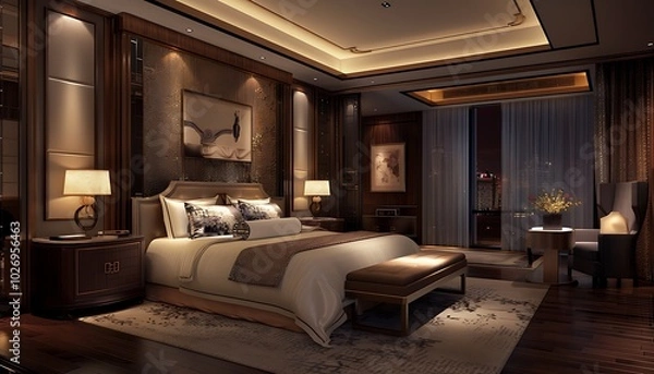 Fototapeta Luxury bedroom suite in classic style with wood paneling