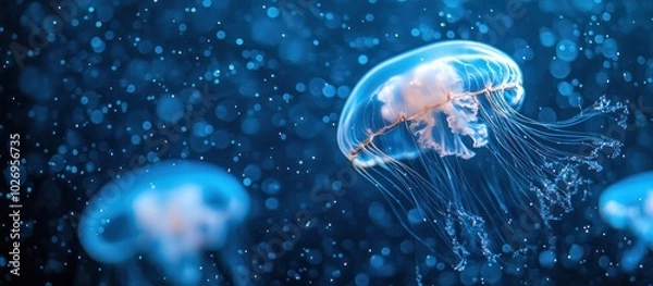 Fototapeta A translucent jellyfish with long tentacles swims in the dark blue water with a blurred background of other jellyfish and bubbles.