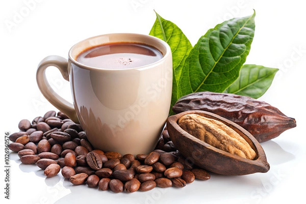 Fototapeta Hot cocoa cup with cocoa bean, pod and leaves isolated on white background.