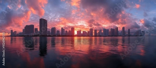 Fototapeta City skyline reflected in calm water with a vibrant, colorful sky at sunrise.
