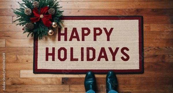 Fototapeta happy holidays text on mat rug in wooden floor background