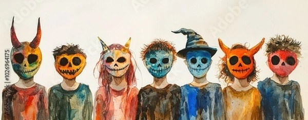 Obraz A colorful depiction of children wearing artistic skull face paint, showcasing various whimsical designs with a festive, playful theme.
