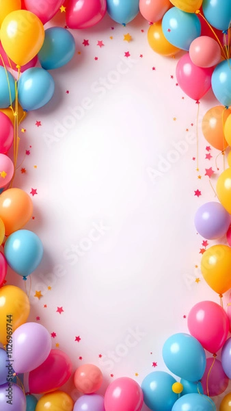 Fototapeta A white background surrounded by a frame of colorful balloons, featuring blue, yellow, pink, and purple balloons with gold and red star confetti.