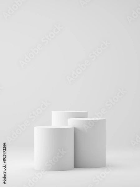 Obraz 3D product display stand white background, 3D podium cylinder for cosmetic, perfume and product presentation, 3D rendering, illustration.