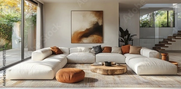 Fototapeta Modern living room with large sectional sofa, abstract artwork, and wooden coffee table.