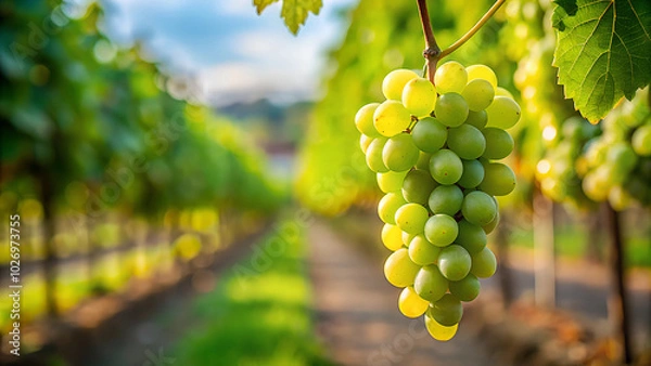Fototapeta Green grape hanging with branch and leaves farm  background.