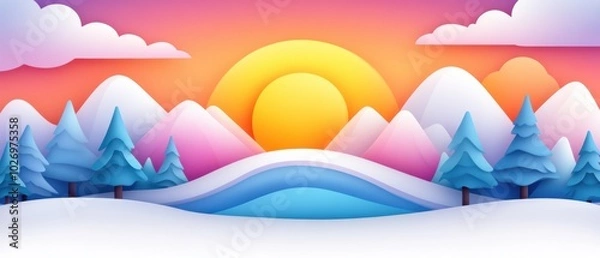 Fototapeta A vibrant winter landscape featuring snow-capped mountains, a bright sun, and colorful trees under a pink-orange sky.