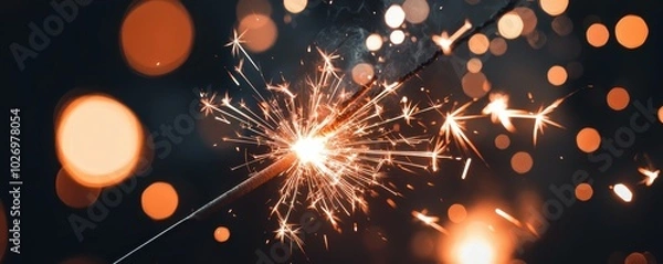Fototapeta Close-up of a bright sparkler emitting vibrant sparks and bokeh lights in a dark background, symbolizing celebration and joy.