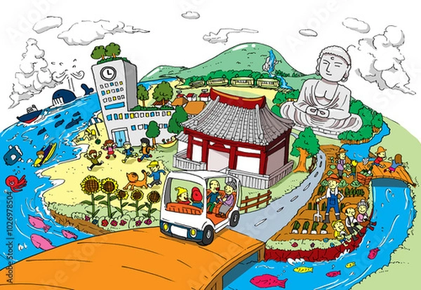 Obraz 地方創生SDGs・環境にやさしい循環型の緑豊かで活力あふれるまちのイラスト