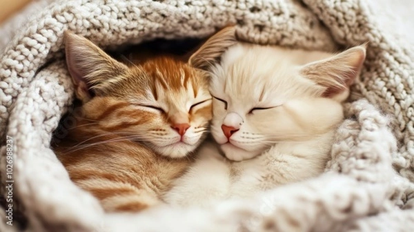 Fototapeta Two cats snuggled up together in a warm blanket, their heads resting on each other, with eyes closed