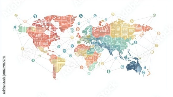Fototapeta Global business map with dollar symbols marking key cities, clean vector lines, symbolizing global financial networks.