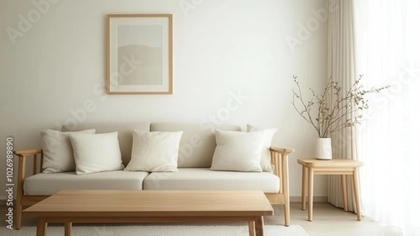 Fototapeta Japandi living room with clean lines, neutral palette, and a lowprofile wooden table   clean lines, neutral palette, wooden table
